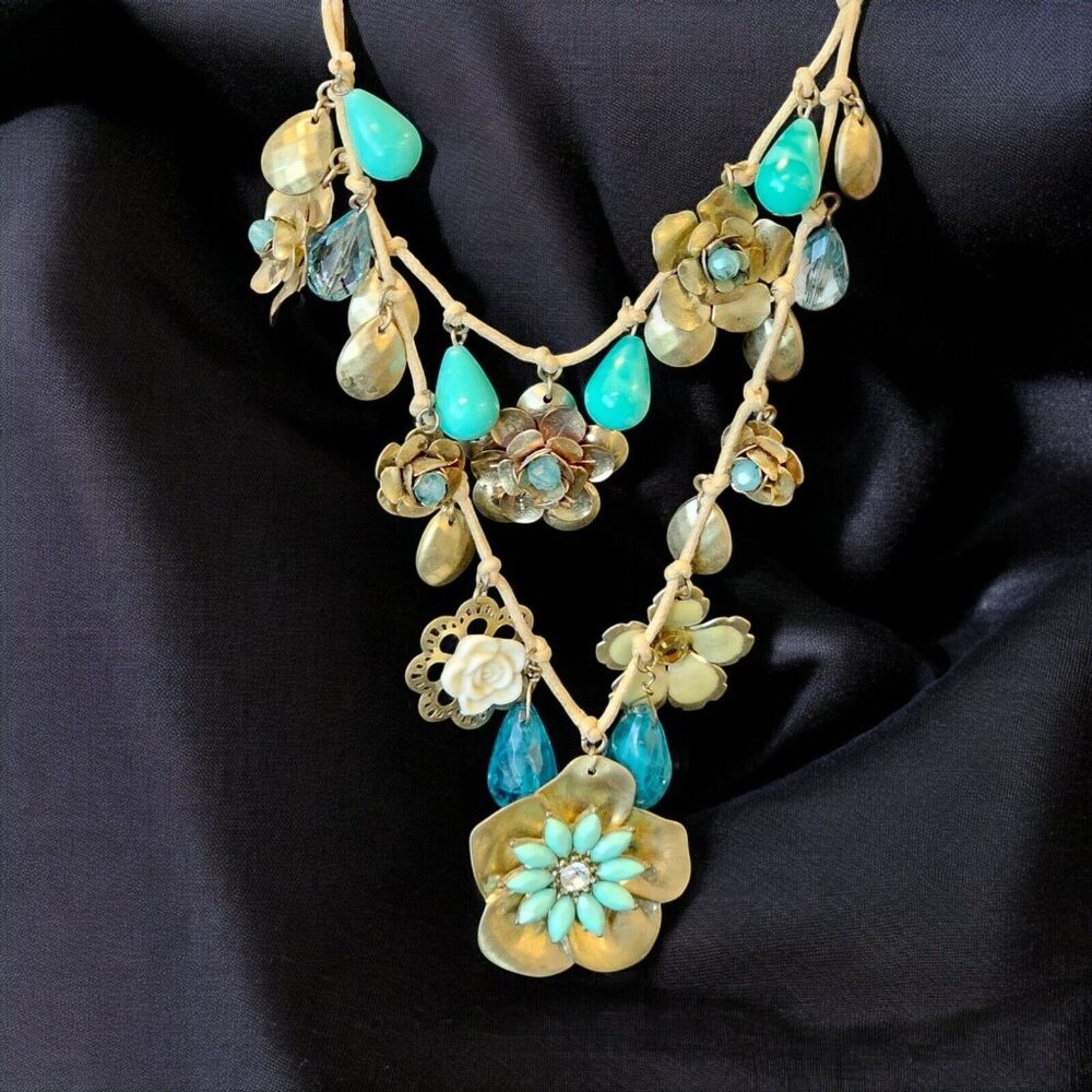 Floral Turquoise Statement Necklace Boho Gold Teal Double Strand Maximalist